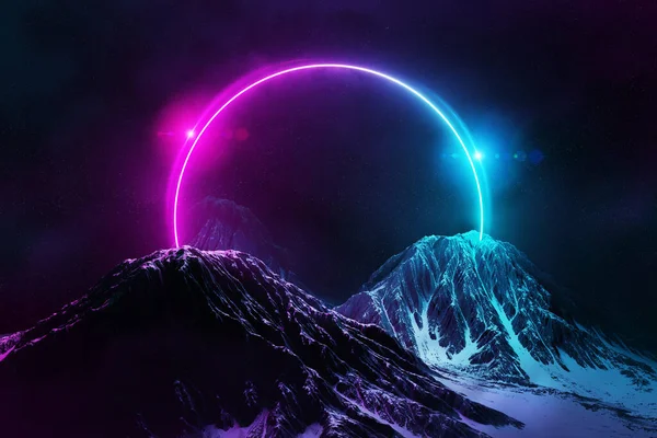 Abstract background with blue and pink neon light circle reflecting on three snowy mountains 3D rendering