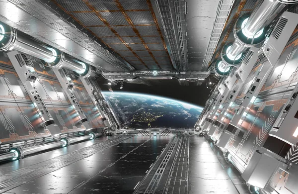 Białe Srebrne Futurystyczne Wnętrze Statku Kosmicznego Widokiem Okno Planecie Ziemia — Zdjęcie stockowe