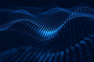 Neon mavisi noktalar koyu arkaplan üzerinde dijital ağ bağlantısı oluşturur.