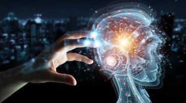 İnsan, dijital yapay zeka holografik projeksiyonu kullanarak karanlık arka planda 3D görüntüleme yapar.