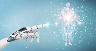 Robot eli bulanık arkaplanda dijital x-ray insan vücut holografik taraması projeksiyonu 3D kullanarak