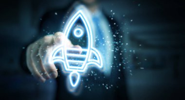 Başlangıçtaki dijital neon arayüzü 3D görüntüleme kullanılarak koyu arkaplandaki adam