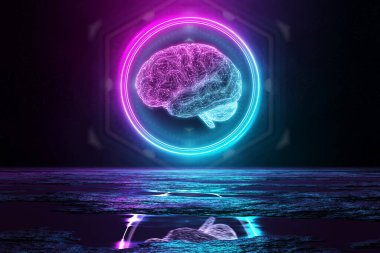 Dairedeki dijital beyin holografik ikonu, yeri mavi ve pembe neon ışıkla aydınlatıyor.