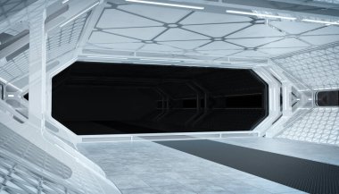 Beyaz mavi uzay gemisi fütüristik iç mockup pencere ile izole 3d render görüntülemek