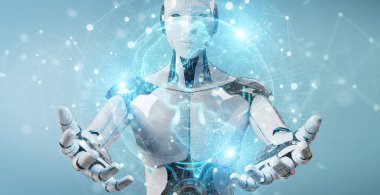 Dünya ağ hologram Amerika ABD harita 3d render ile kullanarak arka plan bulanık beyaz robot