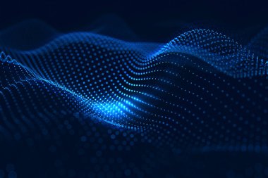 Neon mavisi noktalar koyu arkaplan üzerinde dijital ağ bağlantısı oluşturur.