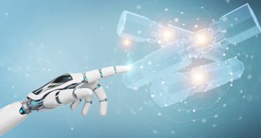 Robot el arka planda bulanık duruyor ve yeşil yenilenebilir enerji bataryasına dokunuyor.