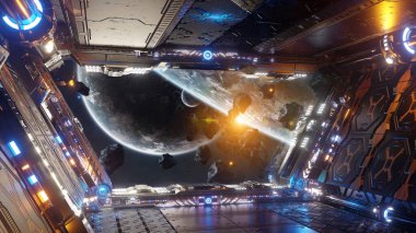 Uzak gezegenlere bakan turuncu ve mavi fütüristik uzay gemisi iç mimarisi NASA tarafından desteklenen bu görüntünün 3 boyutlu görüntüsünü oluşturur.