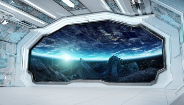 Beyaz mavi uzay gemisi, uzay ve gezegenler üzerine pencere görüşlü fütüristik iç mekan. NASA tarafından desteklenen bu görüntünün 3 boyutlu görüntüleme elementleri.