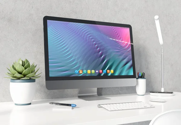 白いデスクトップとコンクリートのインテリアモックアップ3Dレンダリング上の近代的な黒と銀のコンピュータ — ストック写真