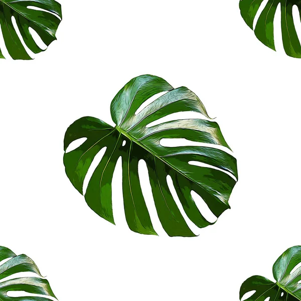 Monstera Deliciosa leaf seamless pattern. Modern tropical background with jungle plants. Green exotic pattern with palm leaves