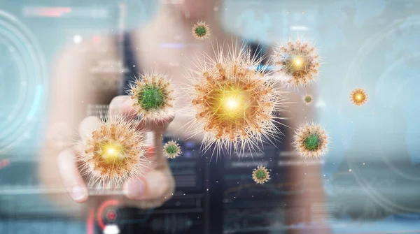 Bulanık Arka Plandaki Kadın Mikroskobik Yakın Plan Görüntüleme Üzerinde Koronavirüsü — Stok fotoğraf