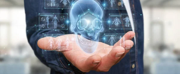 Man Wazige Achtergrond Met Behulp Van Digitale Röntgenschedel Holografische Scan — Stockfoto