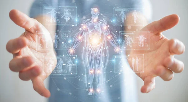 Bulanık Arkaplandaki Adam Dijital Ray Insan Vücut Holografik Tarama Projeksiyonu — Stok fotoğraf