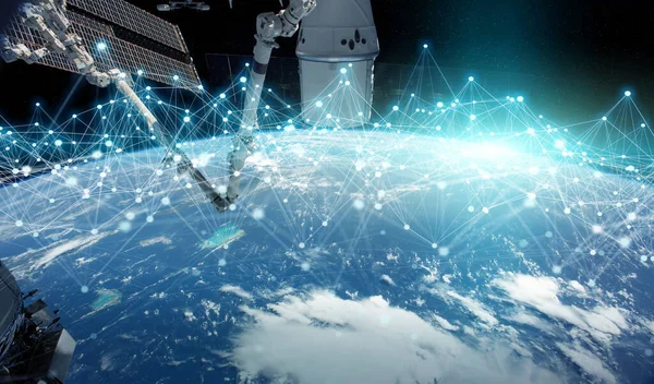 Satélites Enviando Intercâmbio Dados Sistema Conexões Futuristas Sobre Globo Elementos — Fotografia de Stock
