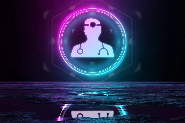 Digital Medical Holographic Icon Circle Illuminating Floor Blue Pink Neon — Stock Photo, Image