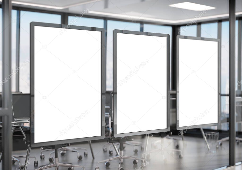 Three white frames Mockup hanging on office glass window. Mock up of a billboards in modern company interior