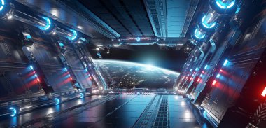 Mavi ve kırmızı fütüristik uzay gemisi. NASA tarafından döşenmiş bu görüntünün 3 boyutlu görüntüsü.