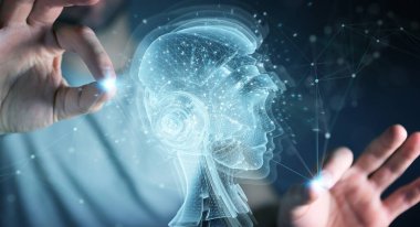 Bulanık arkaplanda dijital yapay zeka holografik projeksiyon 3D görüntüleme kullanan bir adam.