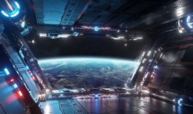 Mavi ve kırmızı fütüristik uzay gemisi. NASA tarafından döşenmiş bu görüntünün 3 boyutlu görüntüsü.