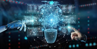 Robot el arka planda tutuluyor ve dijital analiz 3 boyutlu bir bitkinin holografik yansımasına dokunuyor.