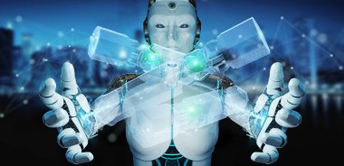 Bulanık arka planda tutulan ve yeşil yenilenebilir enerji bataryasına dokunan robot 3D