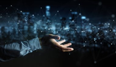 Koyu arkaplan üzerindeki işadamı, 3B çizgileri ve noktalarıyla yüzen dijital ağ bağlantılarını kullanıyor