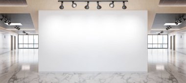 Blank wall in bright marble and wooden office mockup with large windows and sun passing through 3D rendering clipart