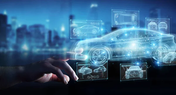 Man Hand Dark Background Holding Touching Holographic Smart Car Interface — Stock Photo, Image