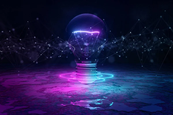 Glödlampa Reflekterande Golv Med Blått Och Rosa Neon Glödande Ljus — Stockfoto