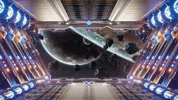 橘色和蓝色的未来派宇宙飞船内部 能看到遥远行星系统的窗口 — 图库照片