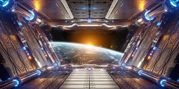 Πορτοκαλί Και Μπλε Φουτουριστικό Διαστημόπλοιο Εσωτερικό Θέα Παράθυρο Στον Πλανήτη — Φωτογραφία Αρχείου