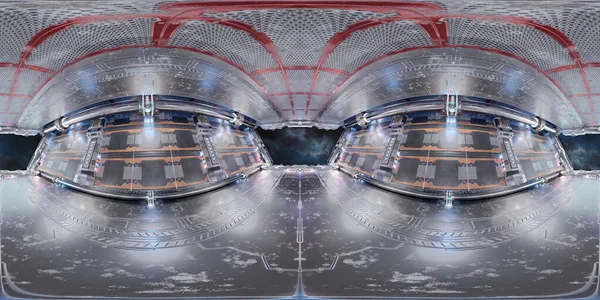 高分辨率Hdri全景图像彩色宇宙飞船内部 未来航天器房三维绘制360幅全景投影图 — 图库照片
