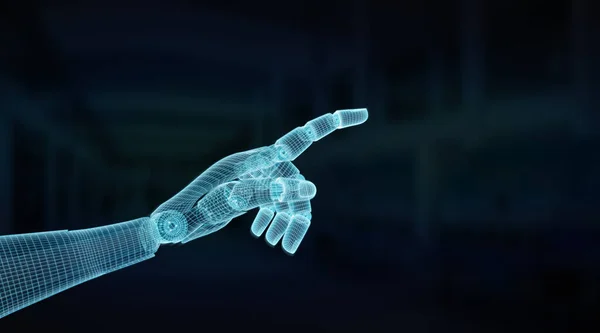 Wireframed Albastru Robot Mână Arătând Degetul Fundal Întunecat Randare — Fotografie, imagine de stoc