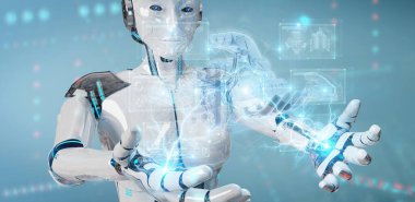 Bulanık arkaplan tutması ve kablo holografik dijital projeksiyonuna dokunan robot 3D motor görüntüleme