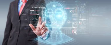 Bulanık arka planda dijital yapay zeka arayüzü kullanan işadamı 3D görüntüleme