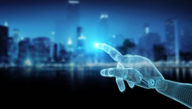 Kablo çerçeveli mavi robot el, koyu arkaplanı işaret ediyor. 3D görüntüleme