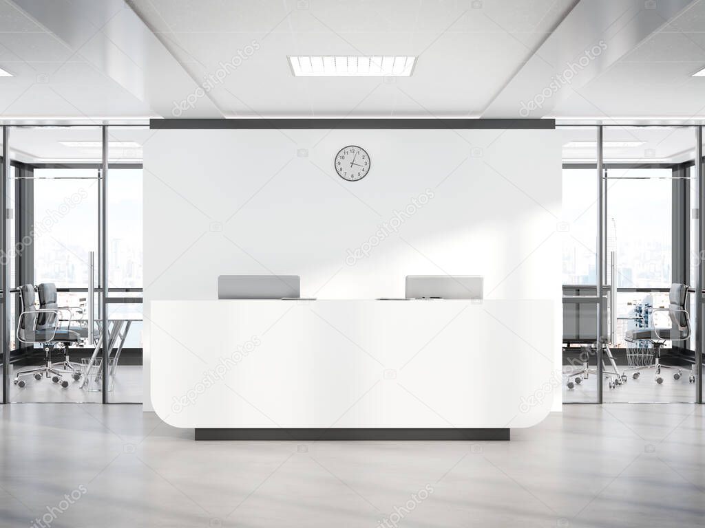 Blank white reception desk in bright concrete office with large windows Mockup 3D rendering