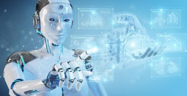 Bulanık arkaplan tutması ve kablo holografik dijital projeksiyonuna dokunan robot 3D motor görüntüleme