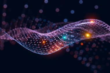 Neon mavi ve turuncu kablo şablonu koyu arkaplan üzerinde dijital ağ bağlantısı oluşturuyor