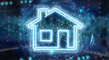 Mavi arkaplandaki gerçek dijital neon arayüzü 3B oluşturma