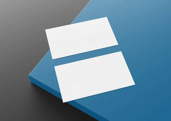 Zwei Weiße Visitenkarten Attrappen Auf Blauem Und Grauem Hintergrund Visitenkarte — Stockfoto