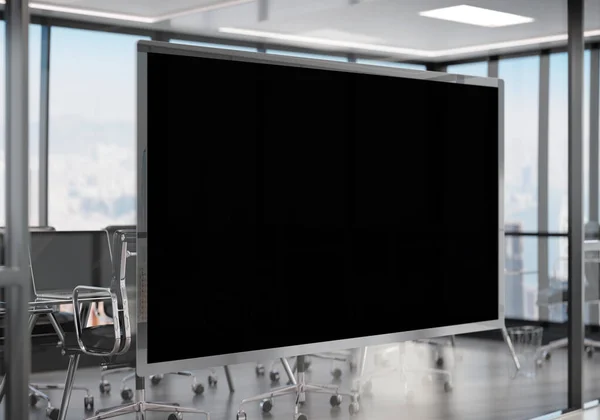 黑色矩形框架挂在办公室玻璃窗上 在现代公司内部模仿一块广告牌 — 图库照片