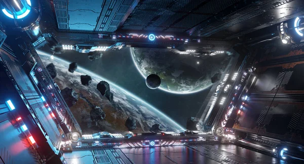 Azul Rojo Futurista Nave Espacial Interior Con Vista Ventana Sistema — Foto de Stock