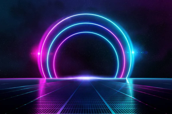 Abstract Background Pathway Leading Blue Pink Neon Light Circles Reflecting — Stock Photo, Image