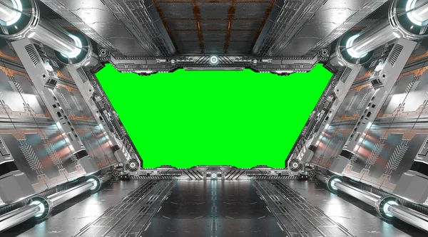 White Silver Futuristic Spaceship Interior Green Window Screen Rendering — Stock Photo, Image