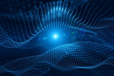 Neon mavisi noktalar koyu arkaplan üzerinde dijital ağ bağlantısı oluşturur.