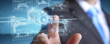 Bulanık arka plan tutuşu ve ellerindeki holografik insansız hava aracı projeksiyonuna dokunan iş adamı