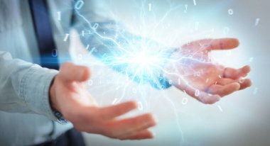 Bulanık arka plandaki işadamı yenilenebilir ve sürdürülebilir eko enerji 3D oluşturma