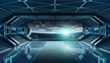 Koyu mavi uzay gemisi, NASA tarafından döşenmiş bu görüntünün 3 boyutlu pencere görüşlü fütüristik iç mekanı.